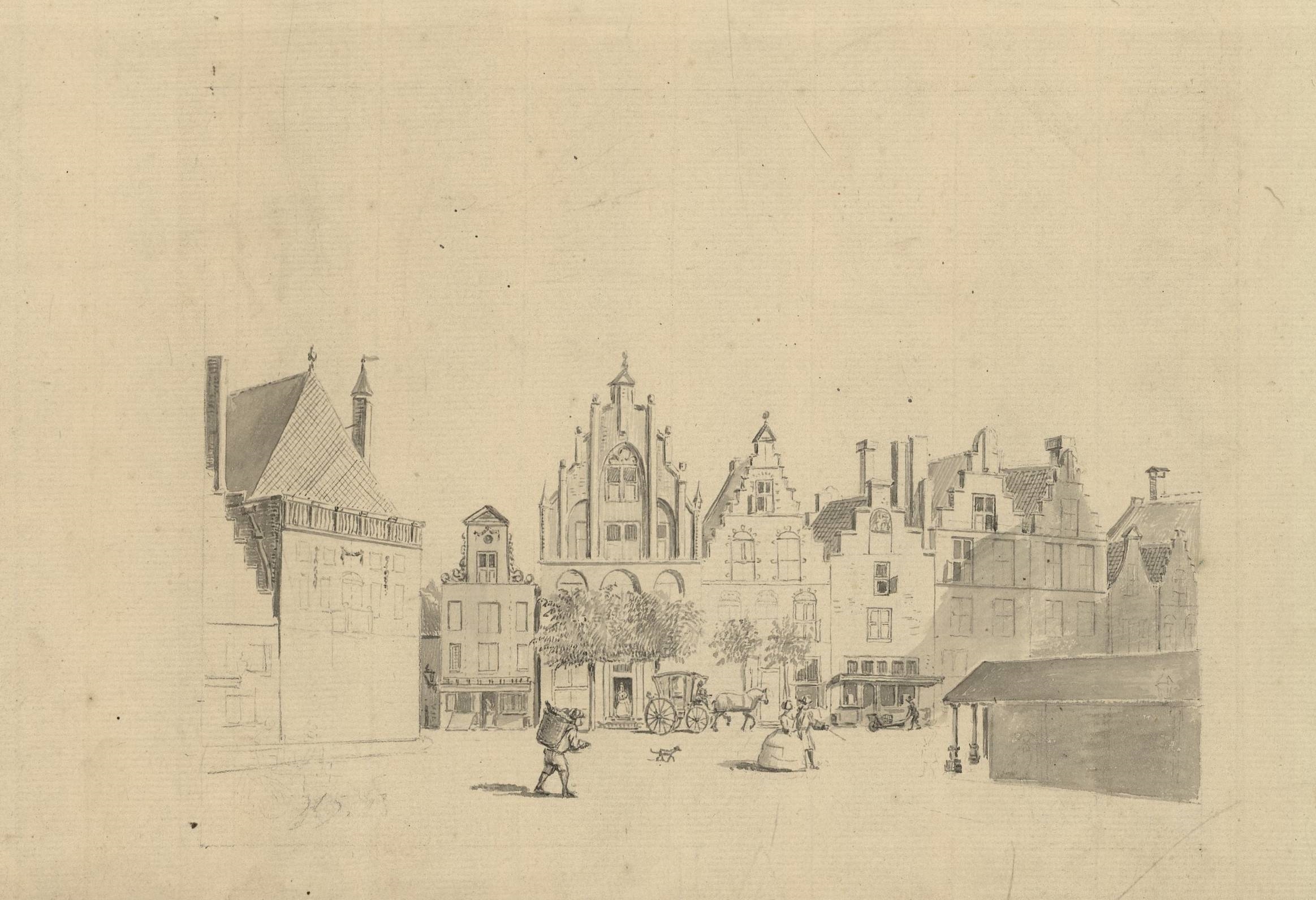 Artwork by Hendrik Spilman, View of the façades on the east of the Grote Markt in Haarlem, Made of Drawing, pen and ink