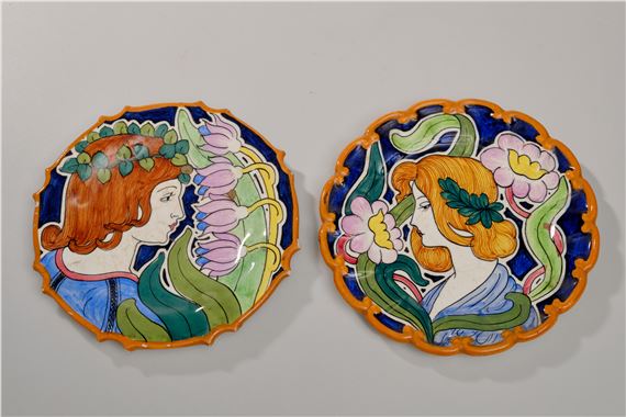 Egisto Fantechi | Pair of saucers with female profile and flower ...