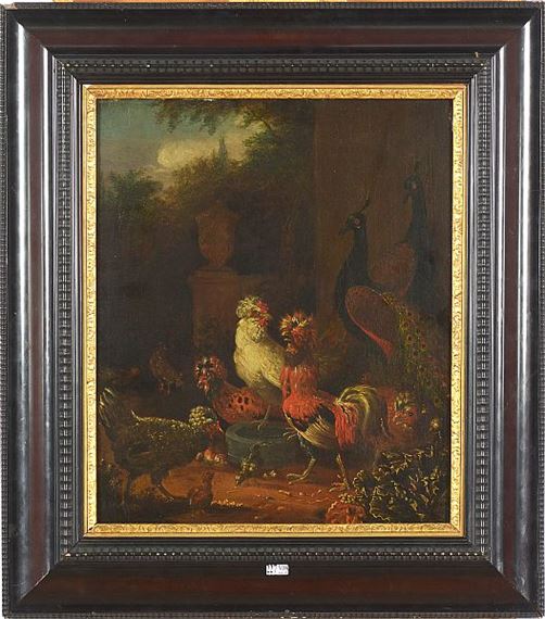 Paysage au couple de paons, au coq, aux poules et aux poussins - Pieter van Mase