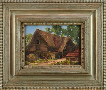 oil on board - A Thatched Barn, 24.5cm x 34.5cm, in silvered frame. Together with the artists wooden palette and assorted ephemera relating to the artist, including Gl... - Lewis Taylor Gibb