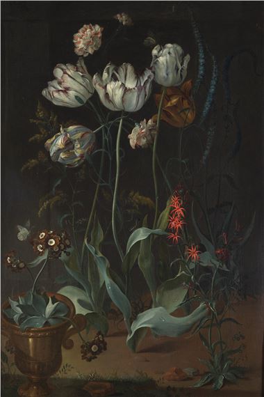 Nature morte aux tulipes, primevères et autres fleurs, un vase à gauche by Coenraet Conrad Roepel