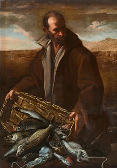 Fisherman with a basket of fish in a coastal landscape - Giovanni Battista Recco