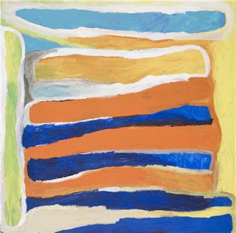A vibrant abstract composition featuring layered horizontal bands of color.