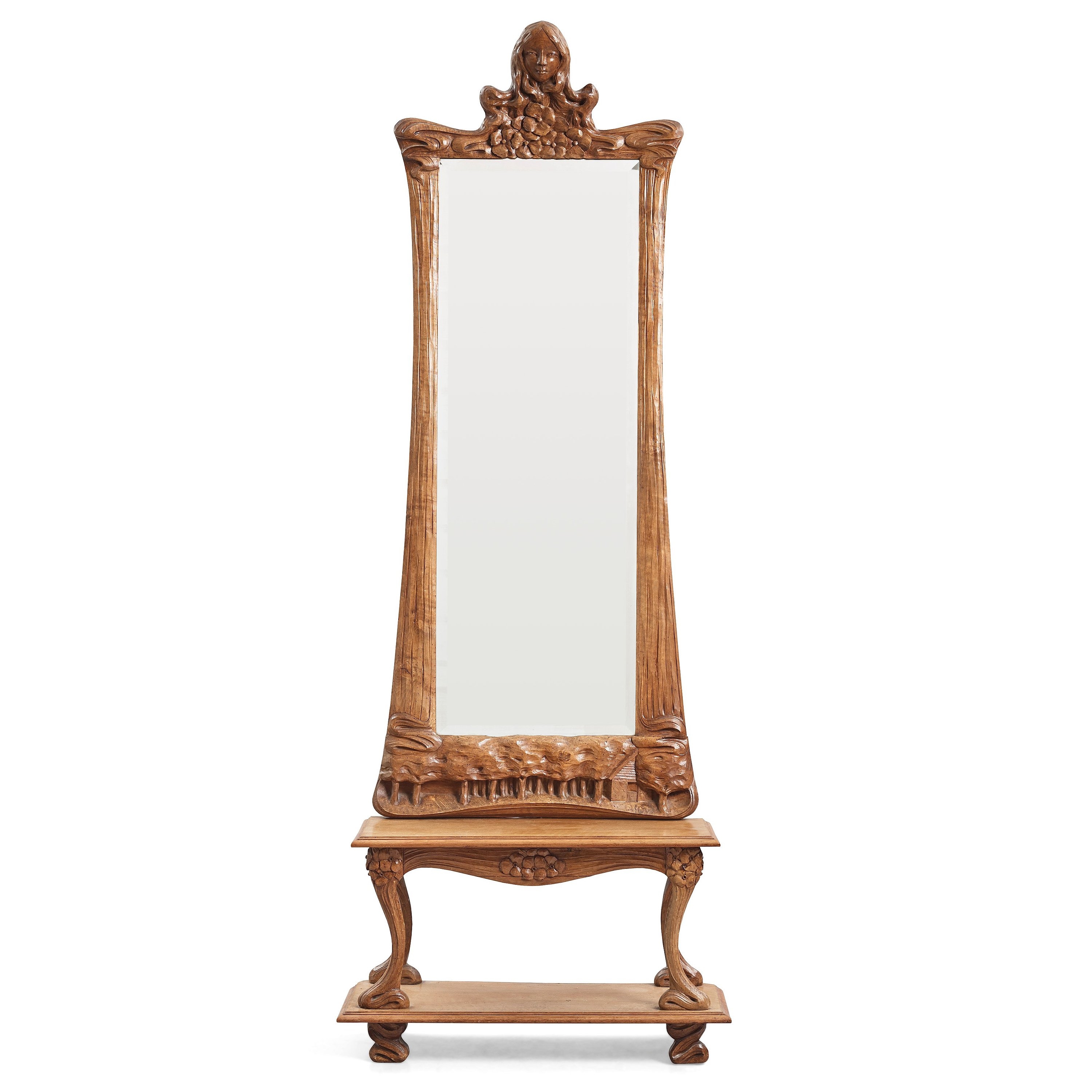 Artwork by Edvard Nilsson, an Art Nouveau sculptured mirror with table, Sweden , early 20thC., Made of mirror