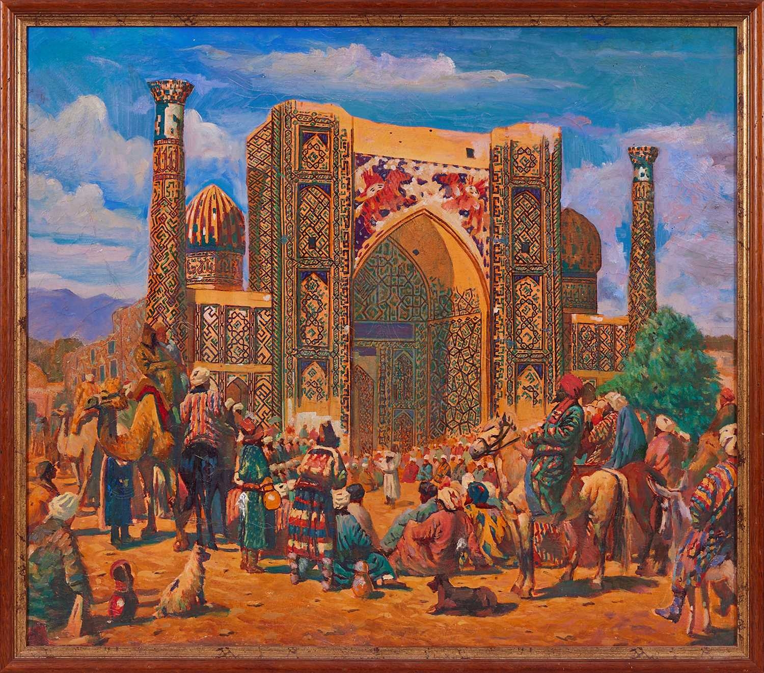 Artwork by Orientalist School, A LARGE ORIENTALIST PAINTING OF THE REGISTAN PLAZE IN SAMARKAND, Made of oil on canvas