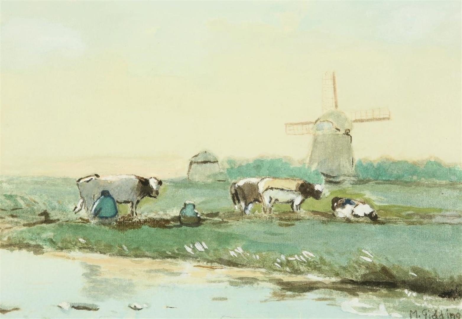 Artwork by Marinus Gidding, Milking time, milking farmer in the field with mill in background, Made of watercolor