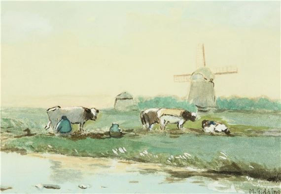 Milking time, milking farmer in the field with mill in background by Marinus Gidding