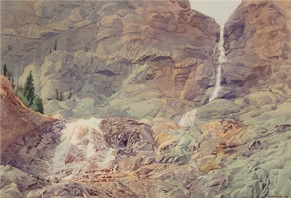 High Alpine Waterfall by Walter Joseph Phillips, dated 1944