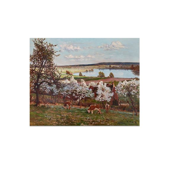 Pastoral spring landscape with herder by Joseph Félix Bouchor