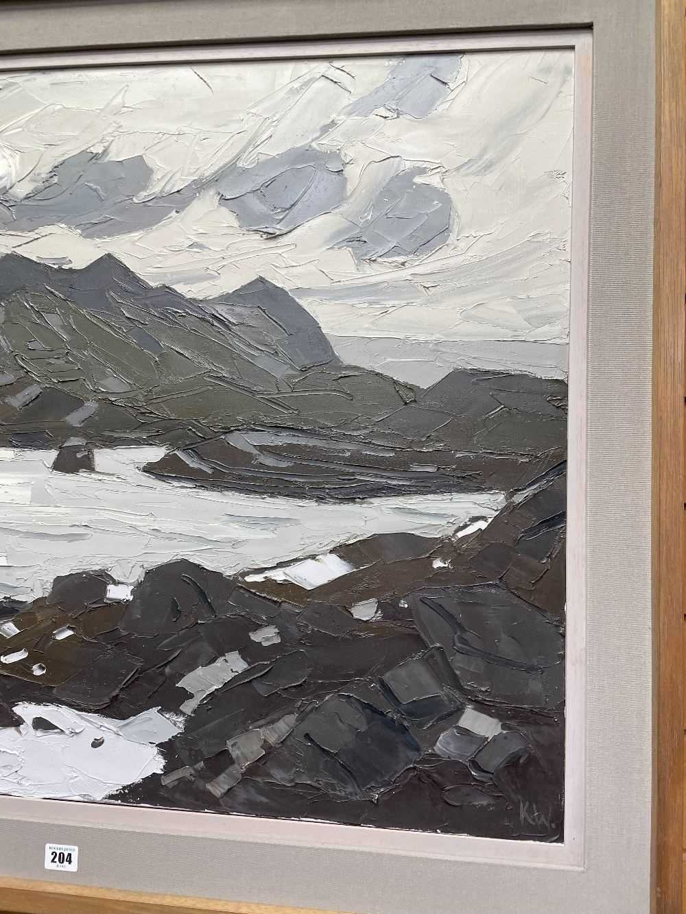 Artwork by Kyffin Williams, ‡ SIR KYFFIN WILLIAMS RA oil on canvas - hazy sun with Eryri (Snowdonia) mountains, Made of oil on canvas