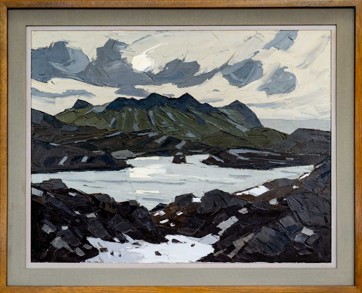 Artwork by Kyffin Williams, ‡ SIR KYFFIN WILLIAMS RA oil on canvas - hazy sun with Eryri (Snowdonia) mountains, Made of oil on canvas