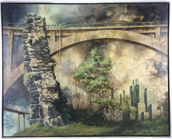 Juxtaposition landscaped having architectural ruins in forefront and modern city in background