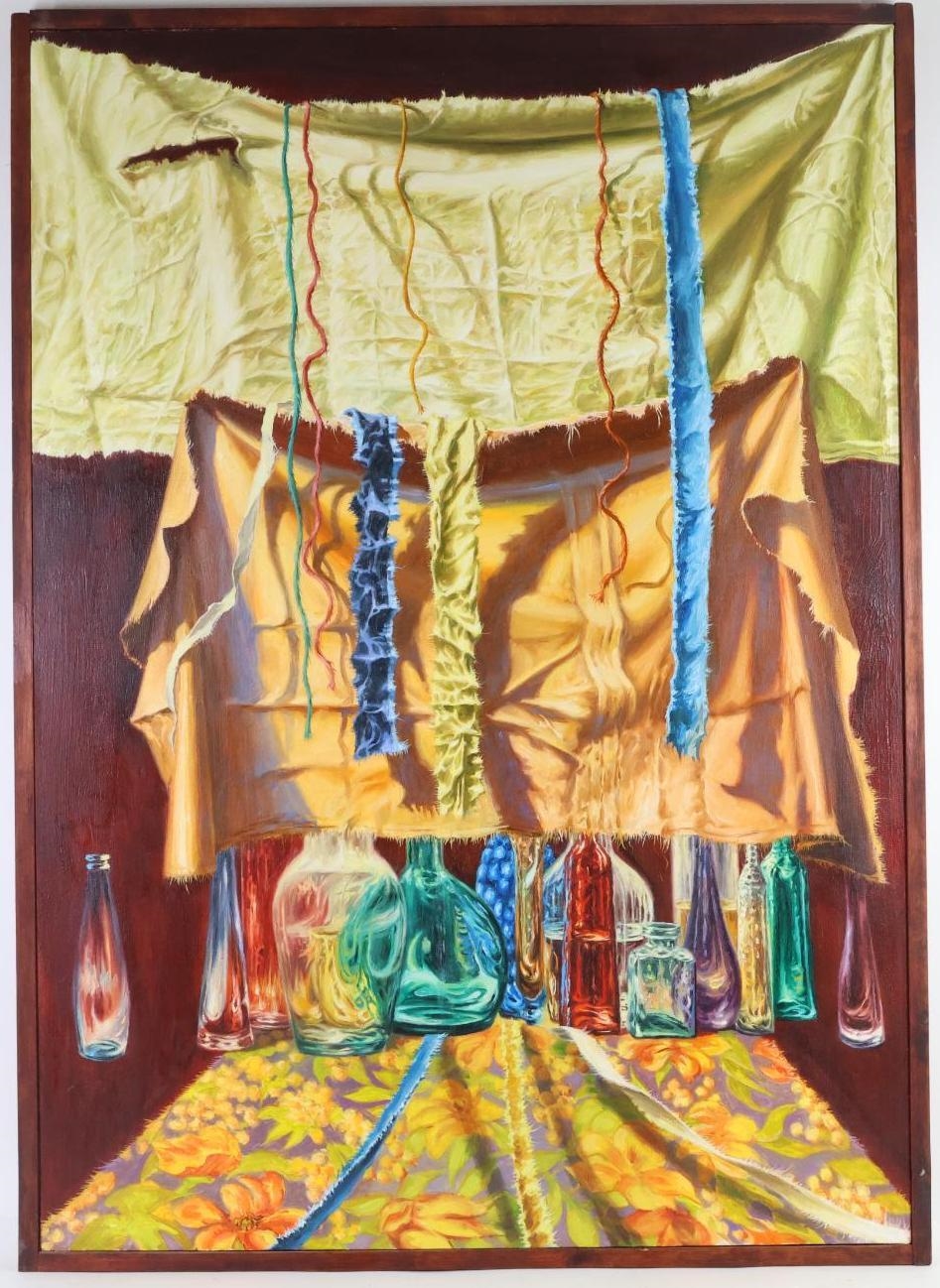 Artwork by Paul Gorka, Still life of tapestries and colorful bottles, Made of Oil on canvas