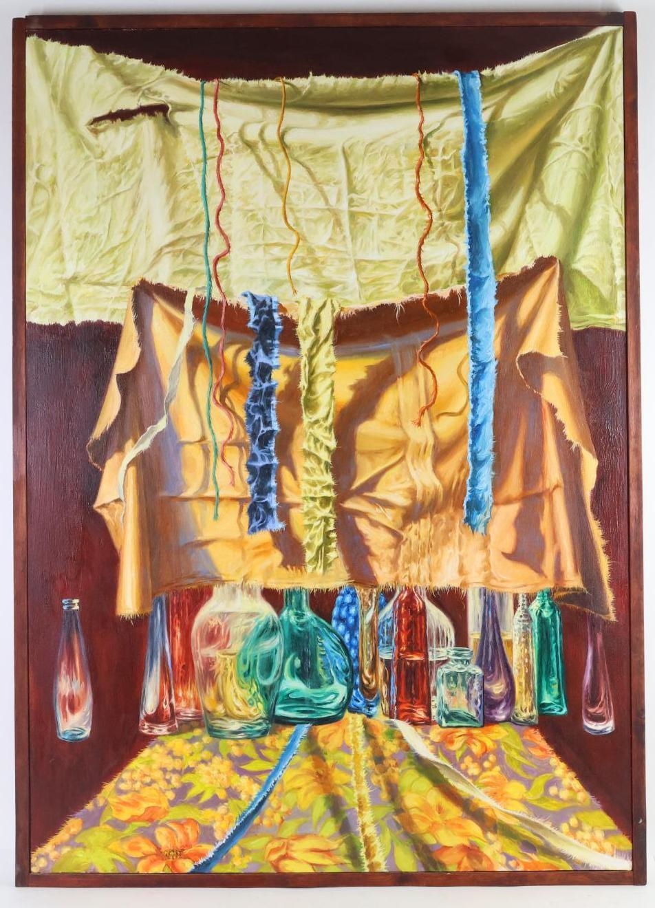 Artwork by Paul Gorka, Still life of tapestries and colorful bottles, Made of Oil on canvas