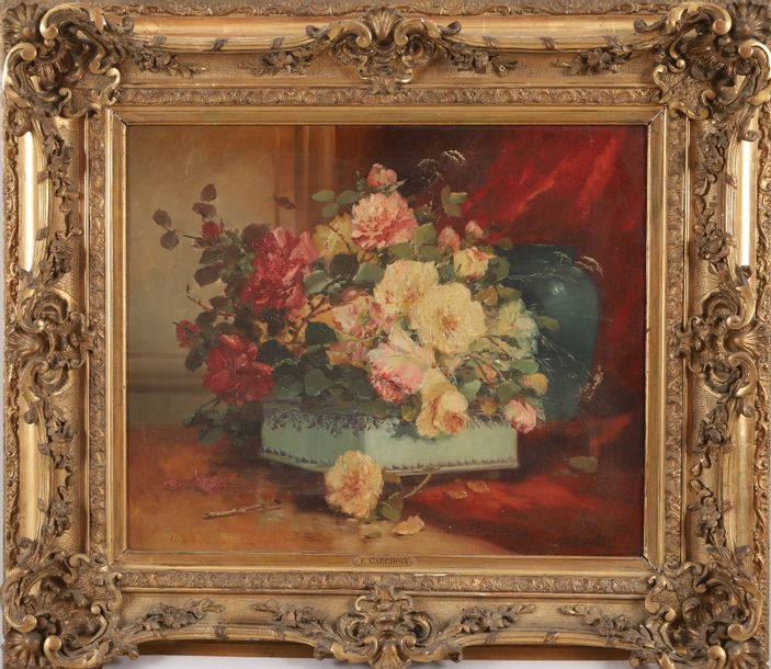 Eugène Henri Cauchois Bouquet of roses in an earthenware jardinière