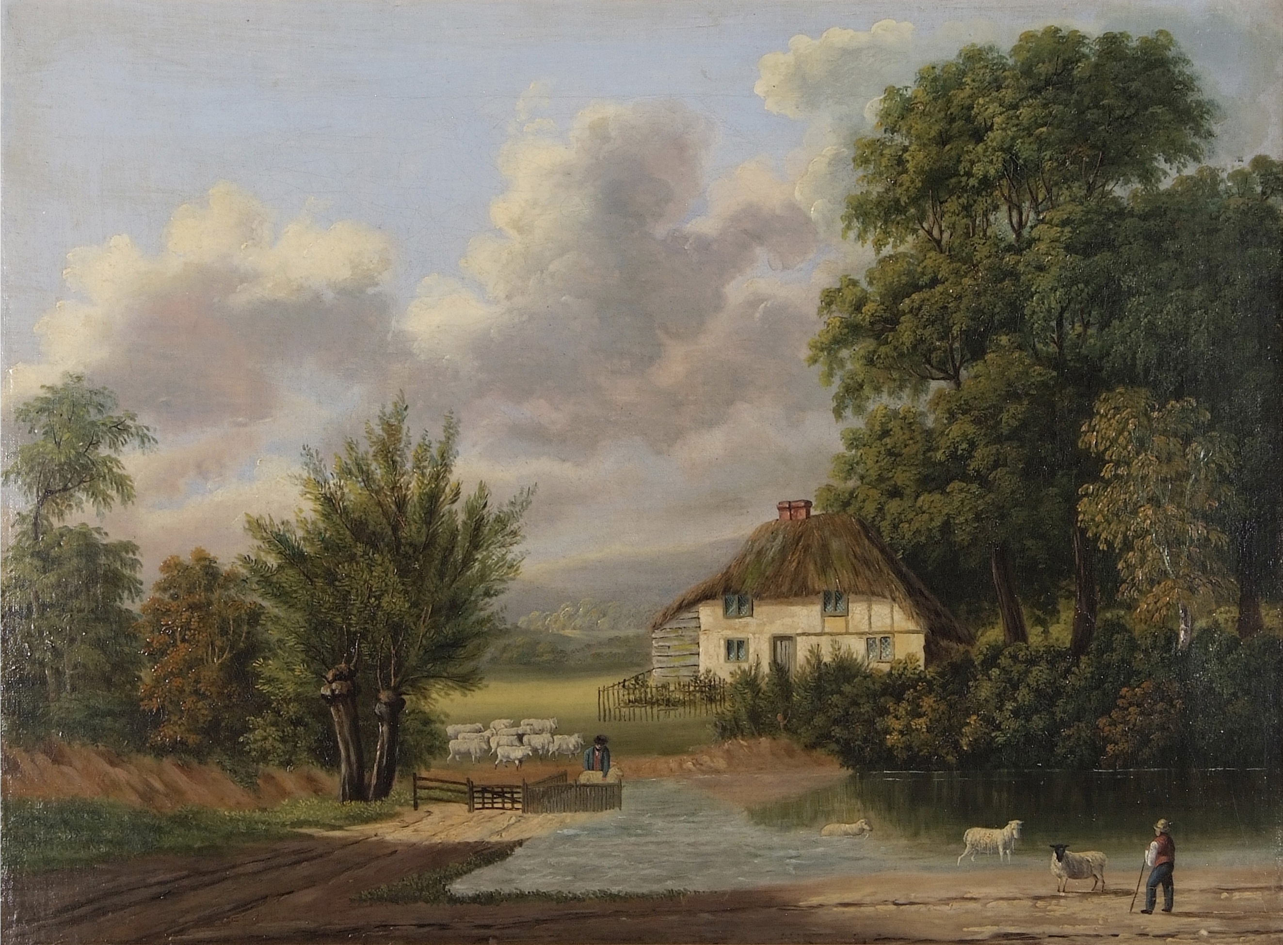 George Rowe | Rural scene with figures and sheep by a pond and cottage ...