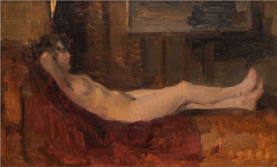 A reclining nude on the couch in the artist's studio