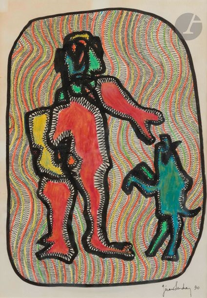 Artwork by Gérard Sendrey, Man with dog, Made of Mixed media on paper