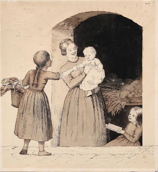 Johan Julius Exner | A girl is buying vegetables in a doorway (1889 ...