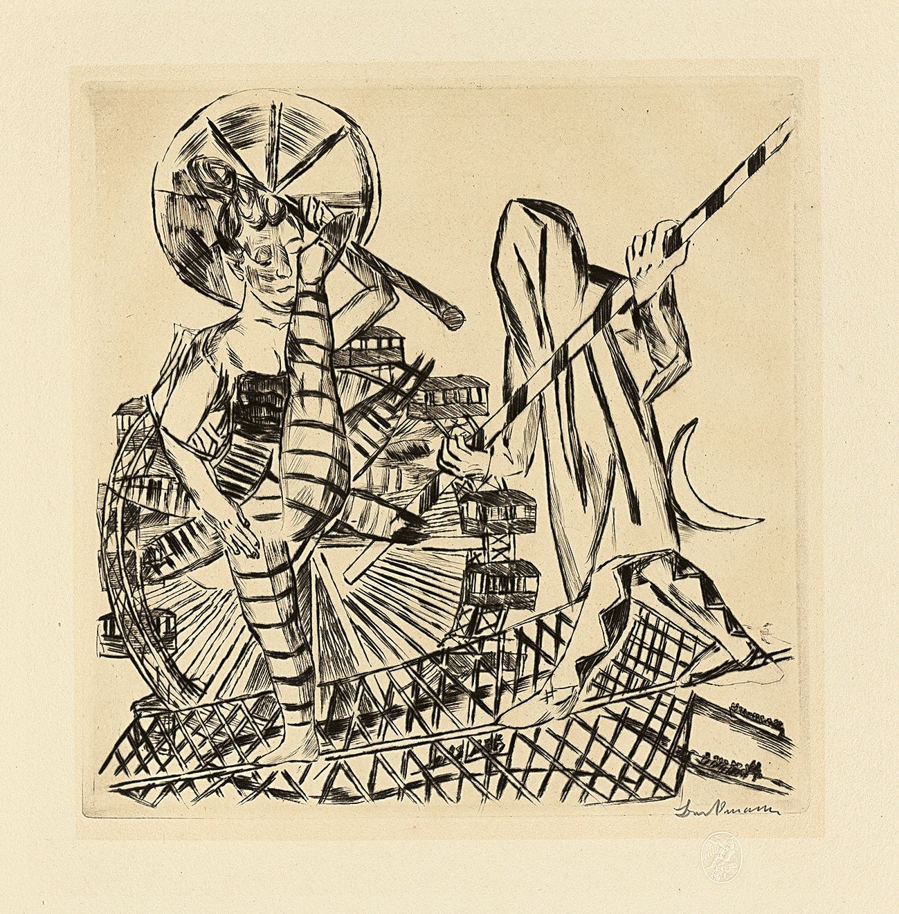 Artwork by Max Beckmann, ”J”., Made of Original half linen-covered portfolio with 10 drypoint etchings