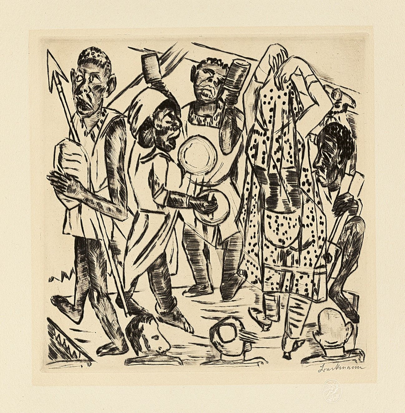 Artwork by Max Beckmann, ”J”., Made of Original half linen-covered portfolio with 10 drypoint etchings