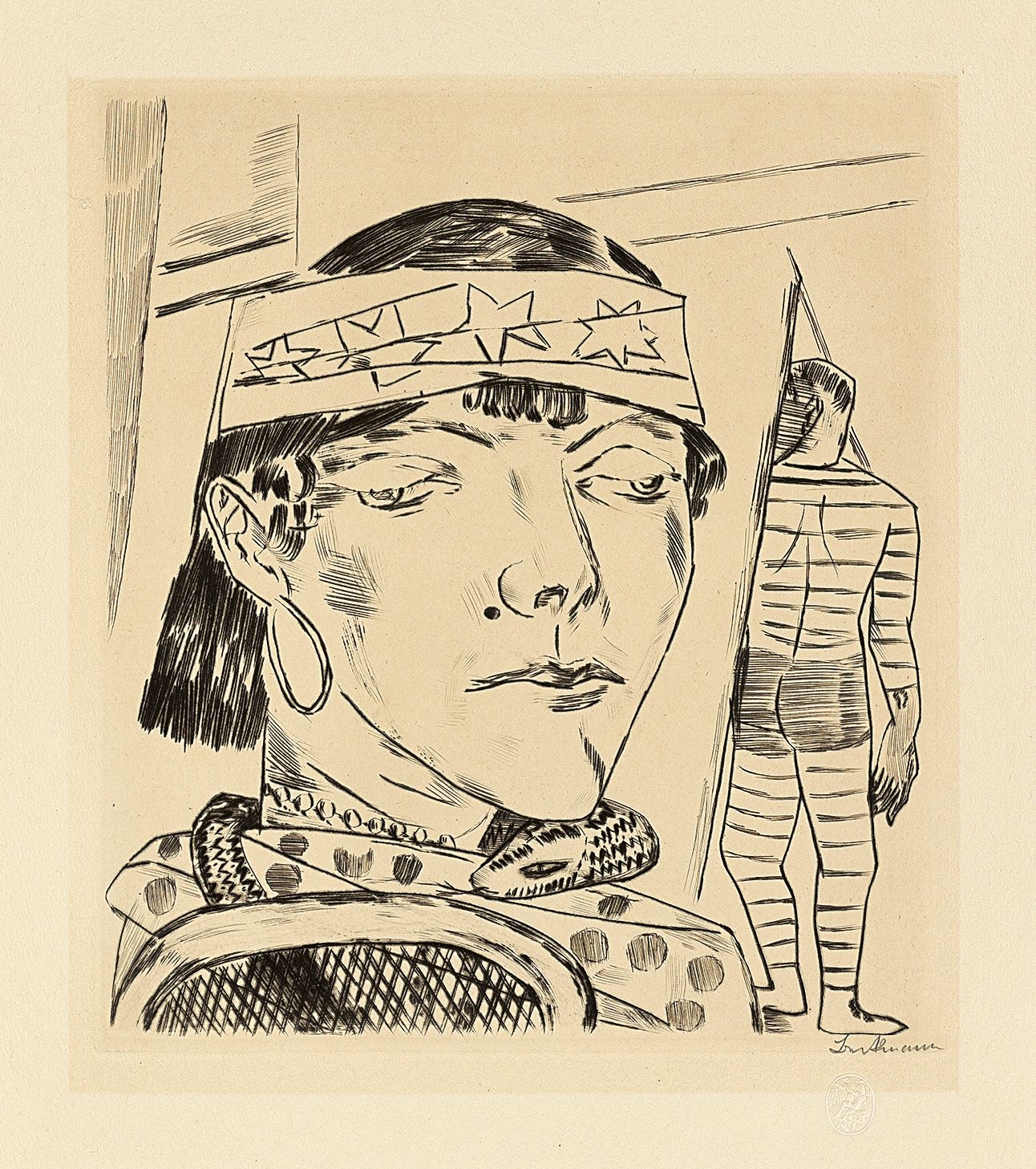 Artwork by Max Beckmann, ”J”., Made of Original half linen-covered portfolio with 10 drypoint etchings