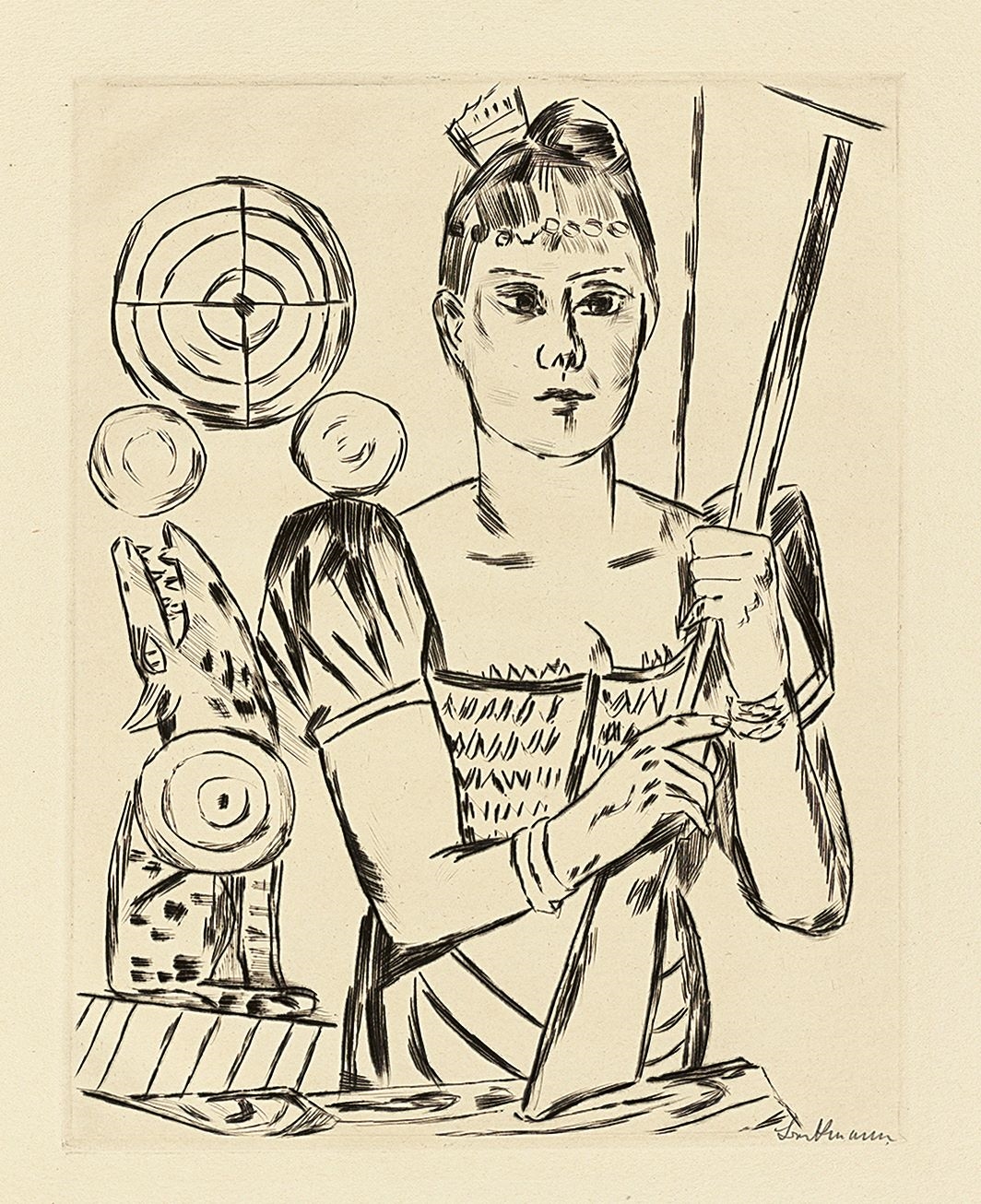 Artwork by Max Beckmann, ”J”., Made of Original half linen-covered portfolio with 10 drypoint etchings