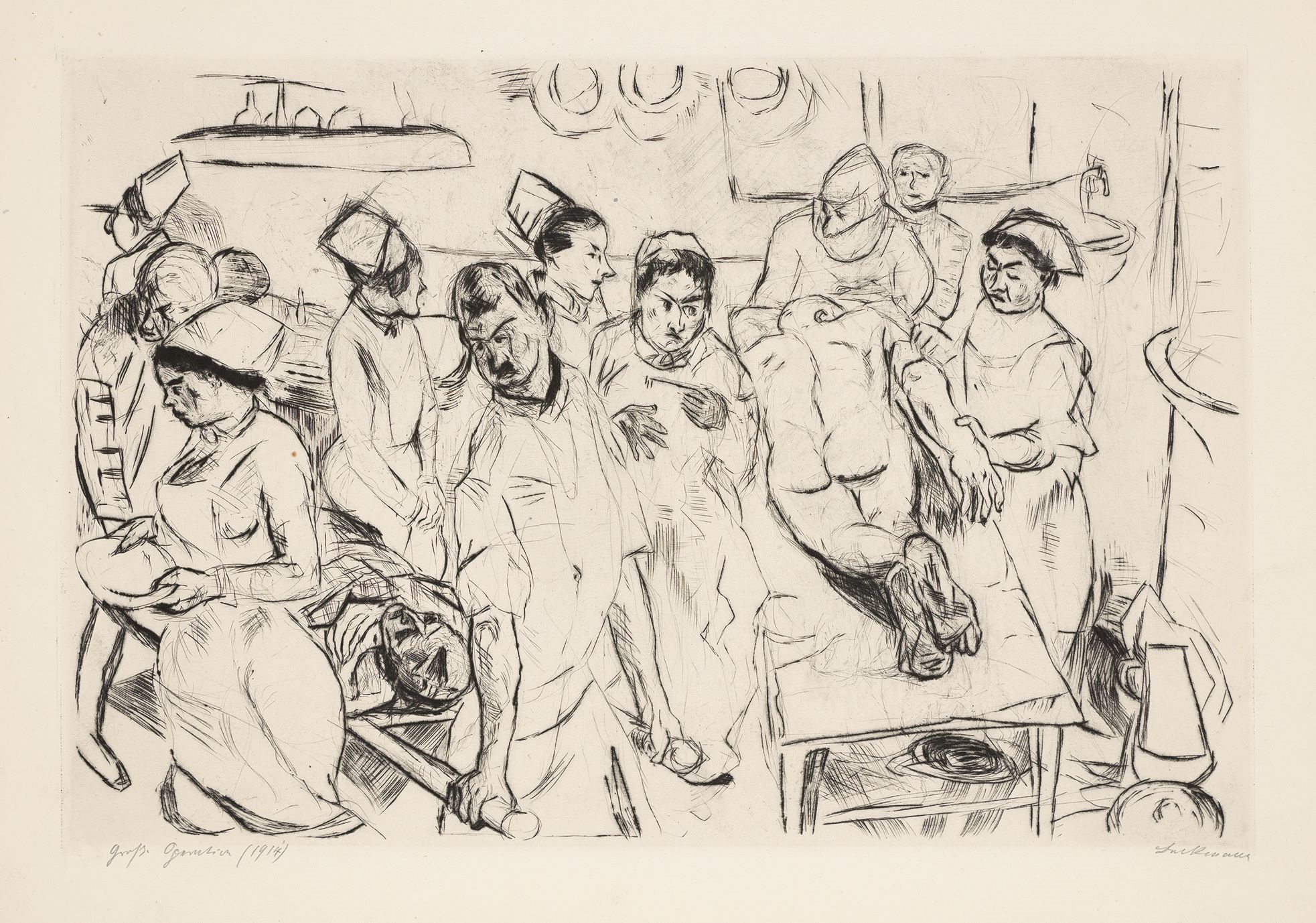 Artwork by Max Beckmann, ”Gٱ”., Made of Original half vellum portfolio with 19 drypoint etchings, each on Japan paper
