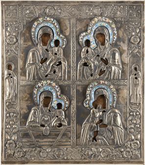 A LARGE QUADRI-PARTITE ICON SHOWING IMAGES OF THE MOTHER OF GOD WITH A SILVER-GILT OKLAD - Russian School, 19th Century
