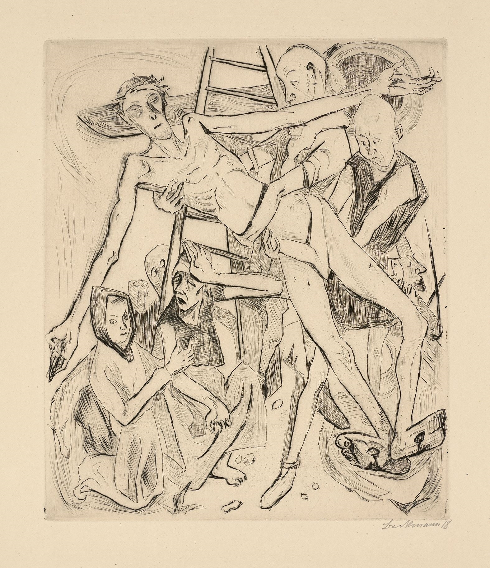 Artwork by Max Beckmann, ”Gٱ”., Made of Original half vellum portfolio with 19 drypoint etchings, each on Japan paper