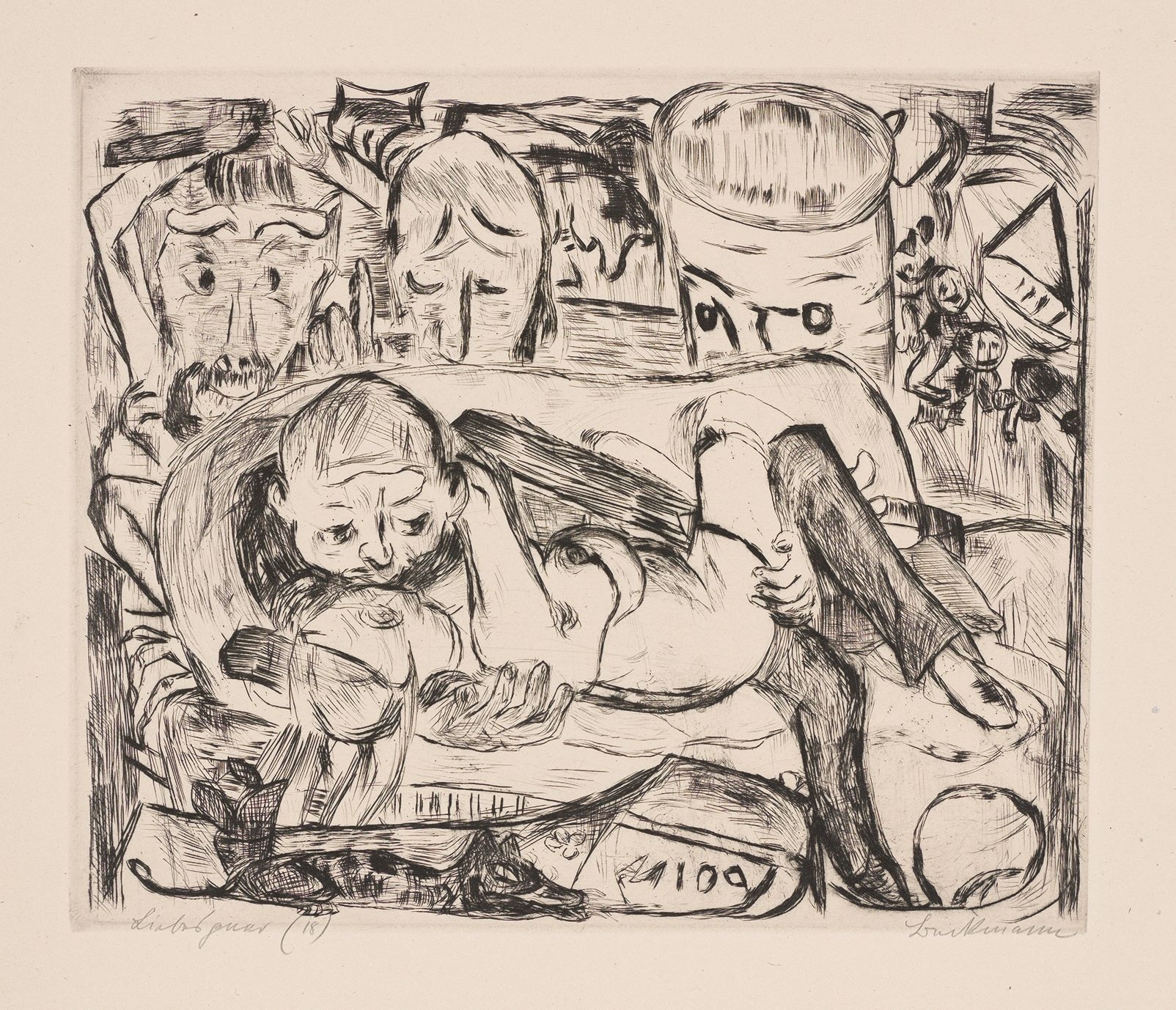 Artwork by Max Beckmann, ”Gٱ”., Made of Original half vellum portfolio with 19 drypoint etchings, each on Japan paper