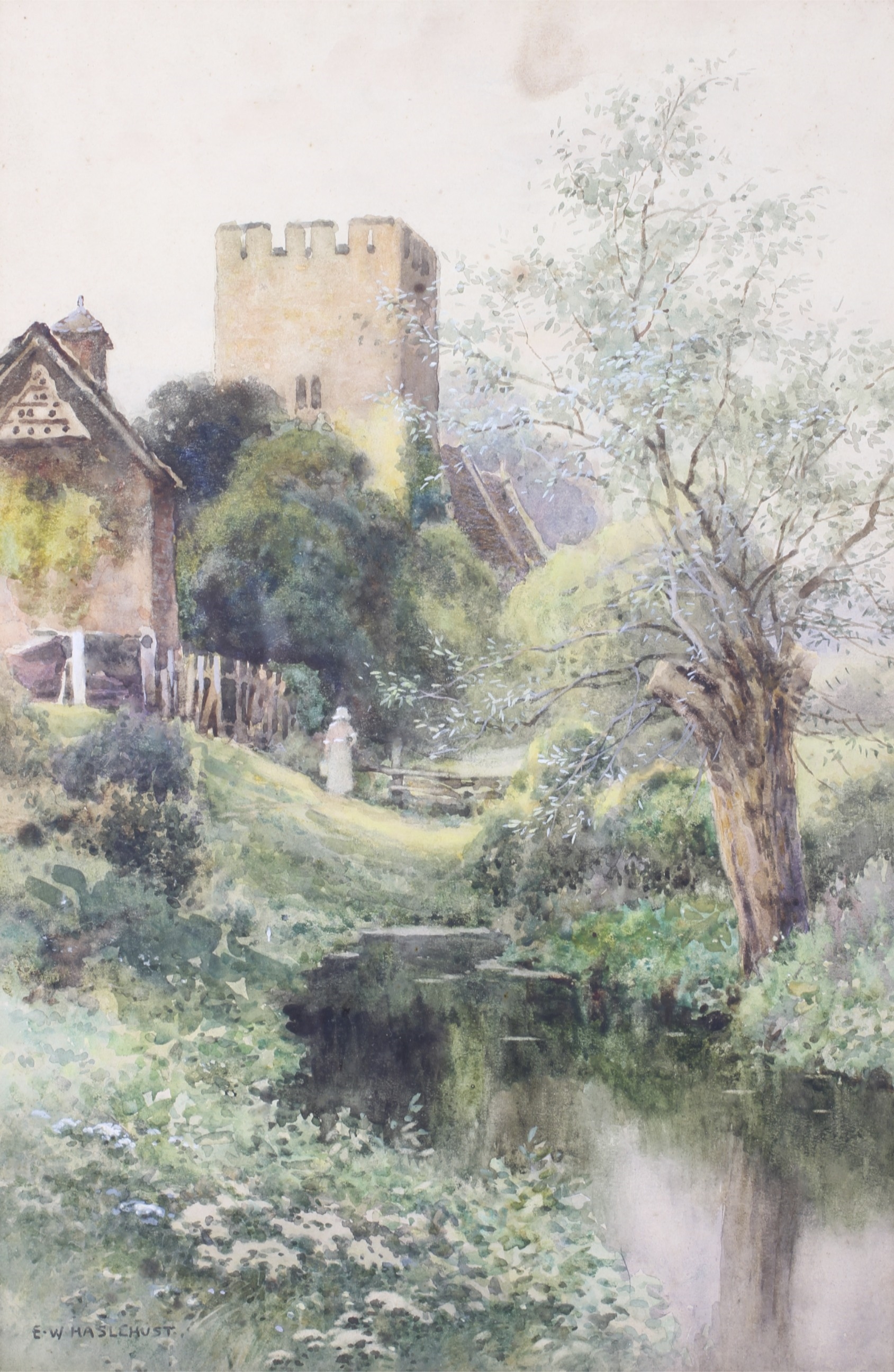 Artwork by Ernest W. Haslehust, St Mary's 'Monnington-on-Wye Church, Hereford', Made of Watercolour