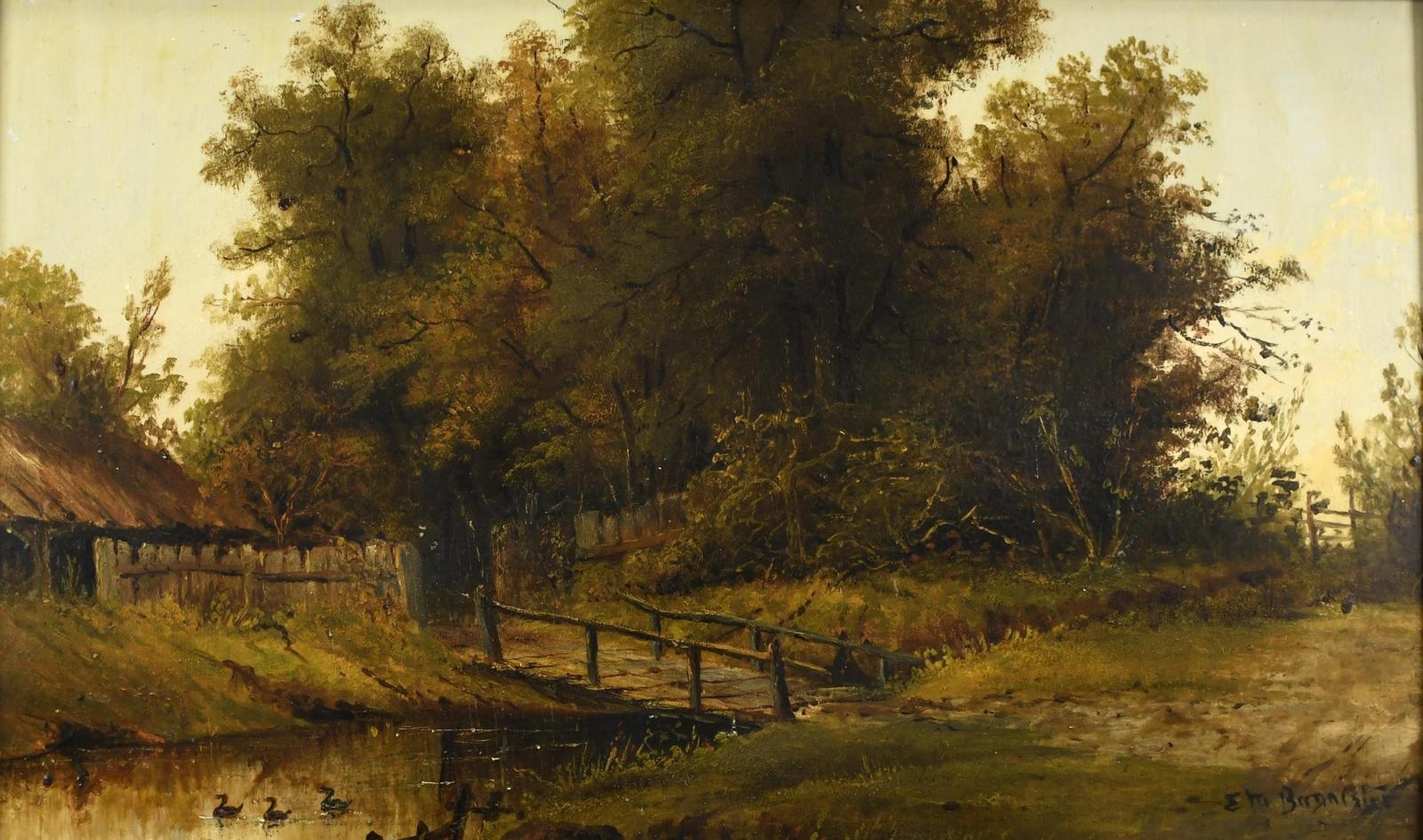 Edward Mitchell Bannister | Country landscape with a wood bridge over ...