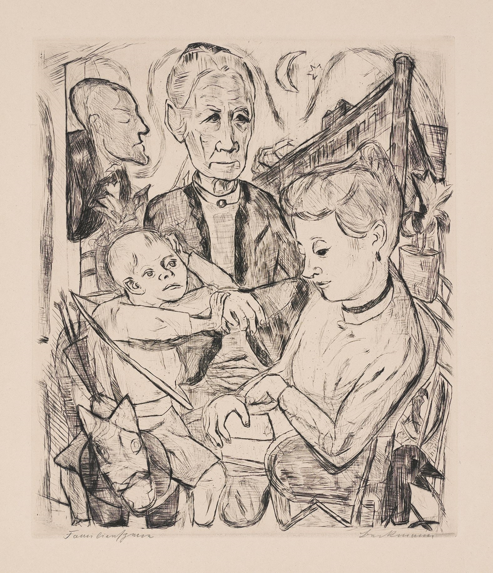 Artwork by Max Beckmann, ”Gٱ”., Made of Original half vellum portfolio with 19 drypoint etchings, each on Japan paper