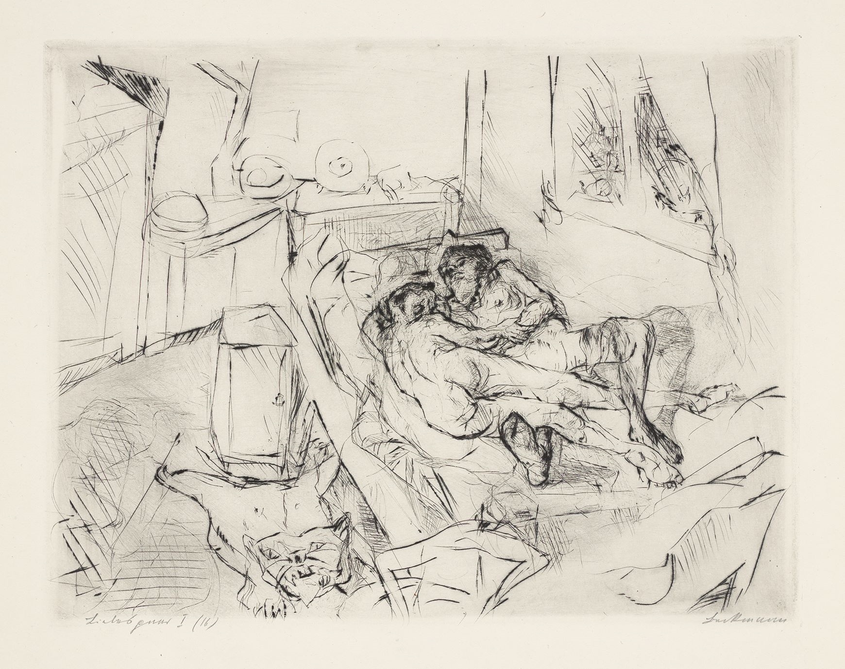 Artwork by Max Beckmann, ”Gٱ”., Made of Original half vellum portfolio with 19 drypoint etchings, each on Japan paper