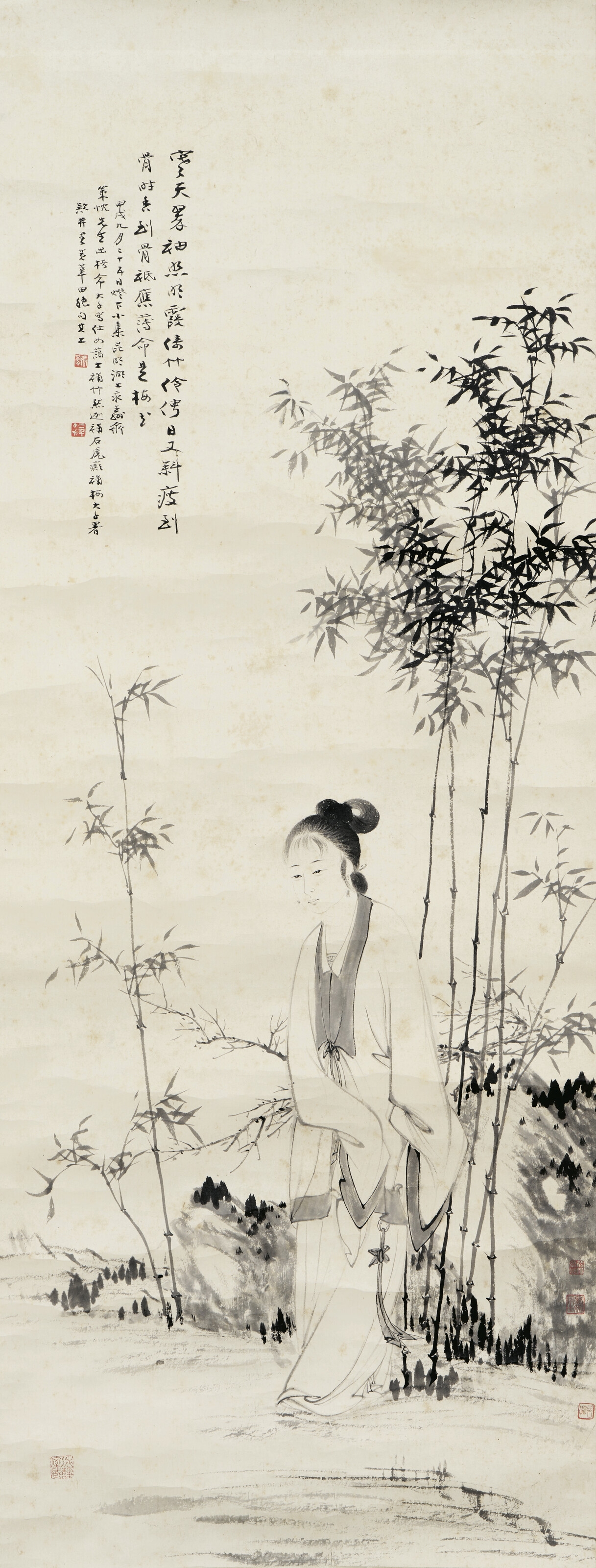 Artwork by Zhang Daqian, Lady with Bamboo and Rock, Made of Hanging scroll, ink on paper