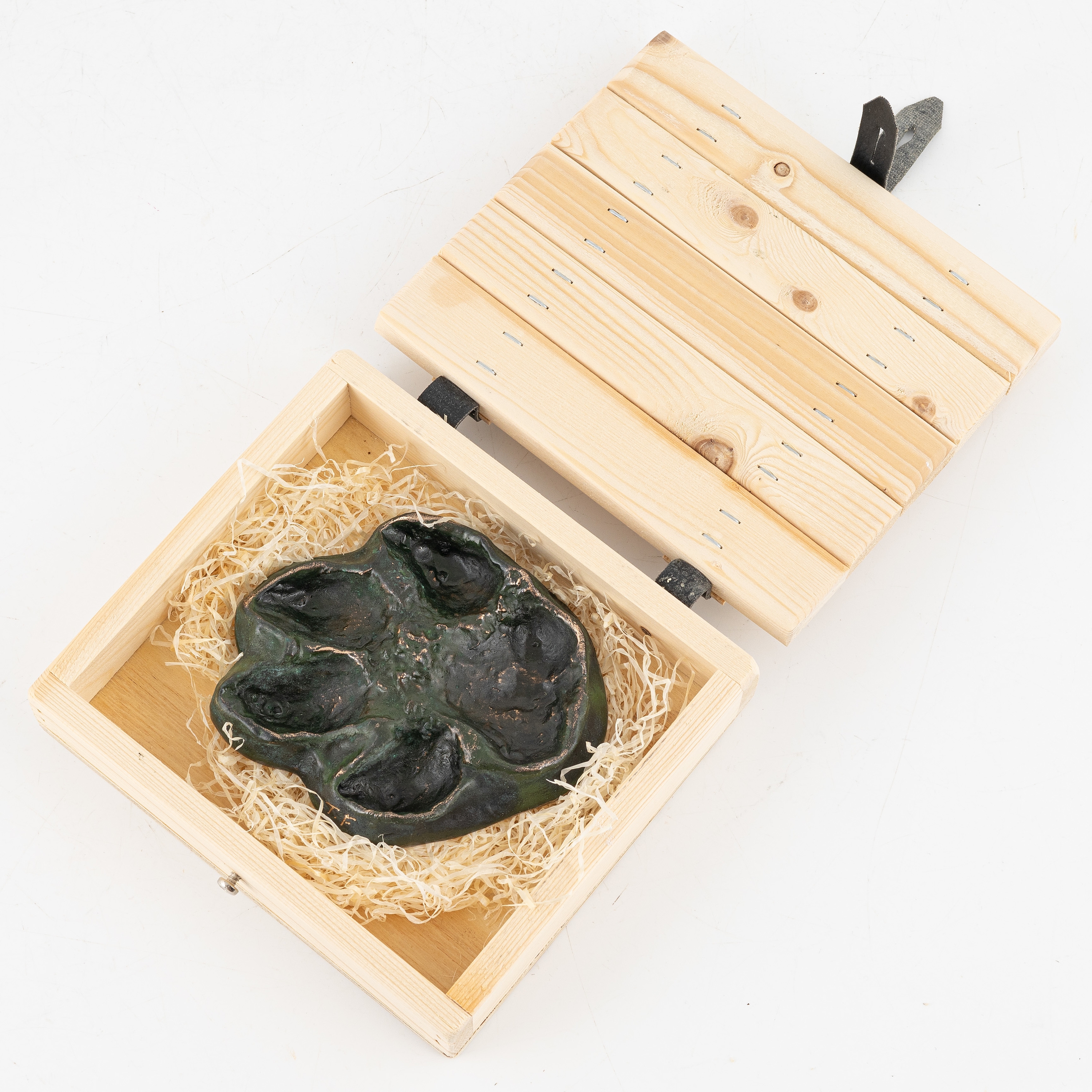 Artwork by Torbjörn Forsberg, A wolfs footprint, Made of Bronze, gold- and green patina