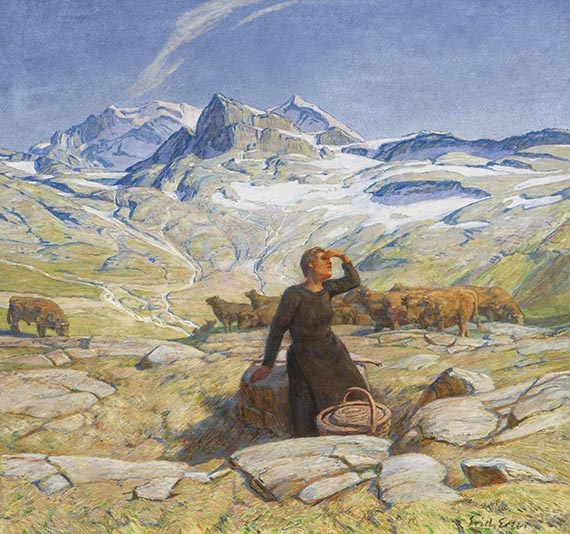 Landschaft mit junger Bäuerin - Erich Erler-Samaden