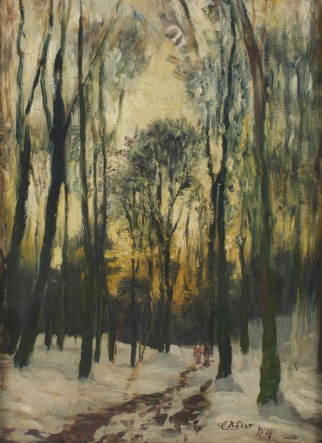 Artwork by Carl Roder, Vintermotiv med figurer. Signerad