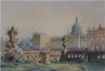 A watercolor landscape of a grand palace with a bridge and figures in the foreground.