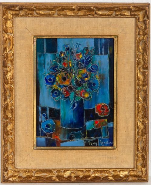 Tableau Original Huile Sur Toile – Perroquet Bleu Et Fleurs – 40x20 Cm – Artiste Inna Bebrisa – 2021