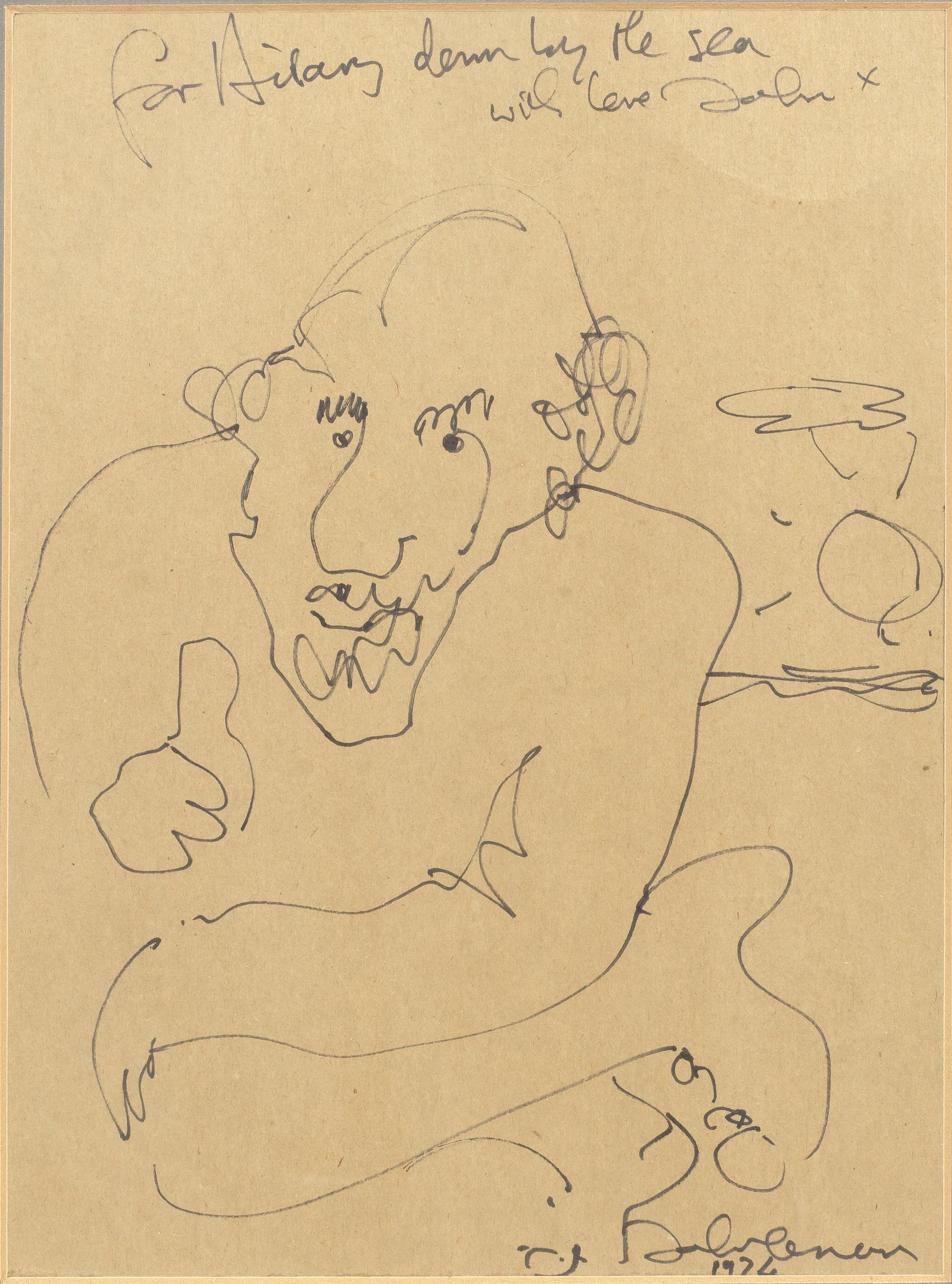 Artwork by John Lennon, A Drawing Of Hilary Gerrard, Made of black ink on brown paper