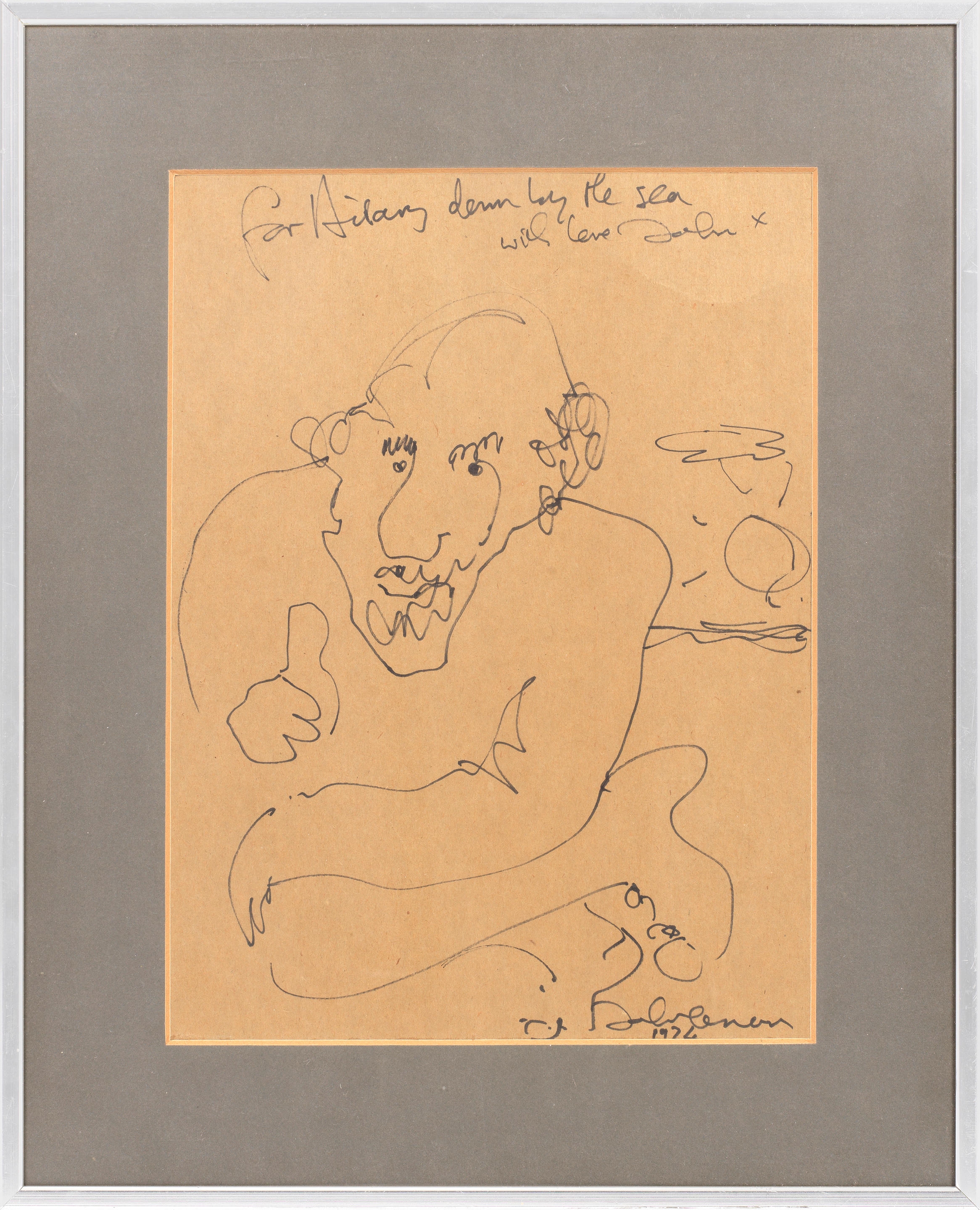 Artwork by John Lennon, A Drawing Of Hilary Gerrard, Made of black ink on brown paper