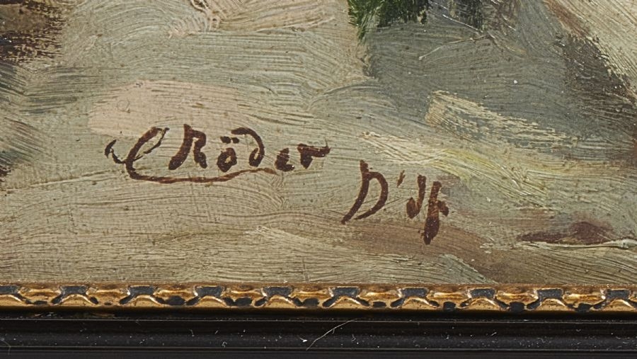 Artwork by Carl Roder, Vintermotiv med figurer. Signerad