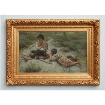 R. Devane. The pipe player entertaining his friend. Signed lower left. In elaborate gilt frame. H 53cm - R. Devane