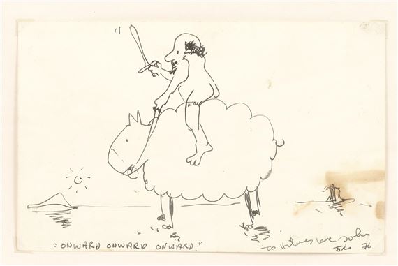 A Drawing Of Hilary Gerrard Riding A Sheep by John Lennon, 1976