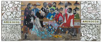 A vibrant, collage-style group portrait of figures gathered around a table with shoes displayed above.