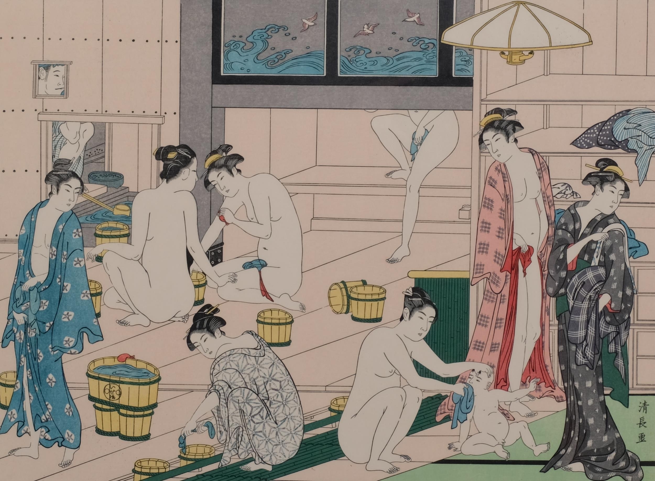Artwork by Torii Kiyonaga, Interior of a Women’s Bath House Where a New Customer Has Just Arrived, Made of woodcut in colours on paper