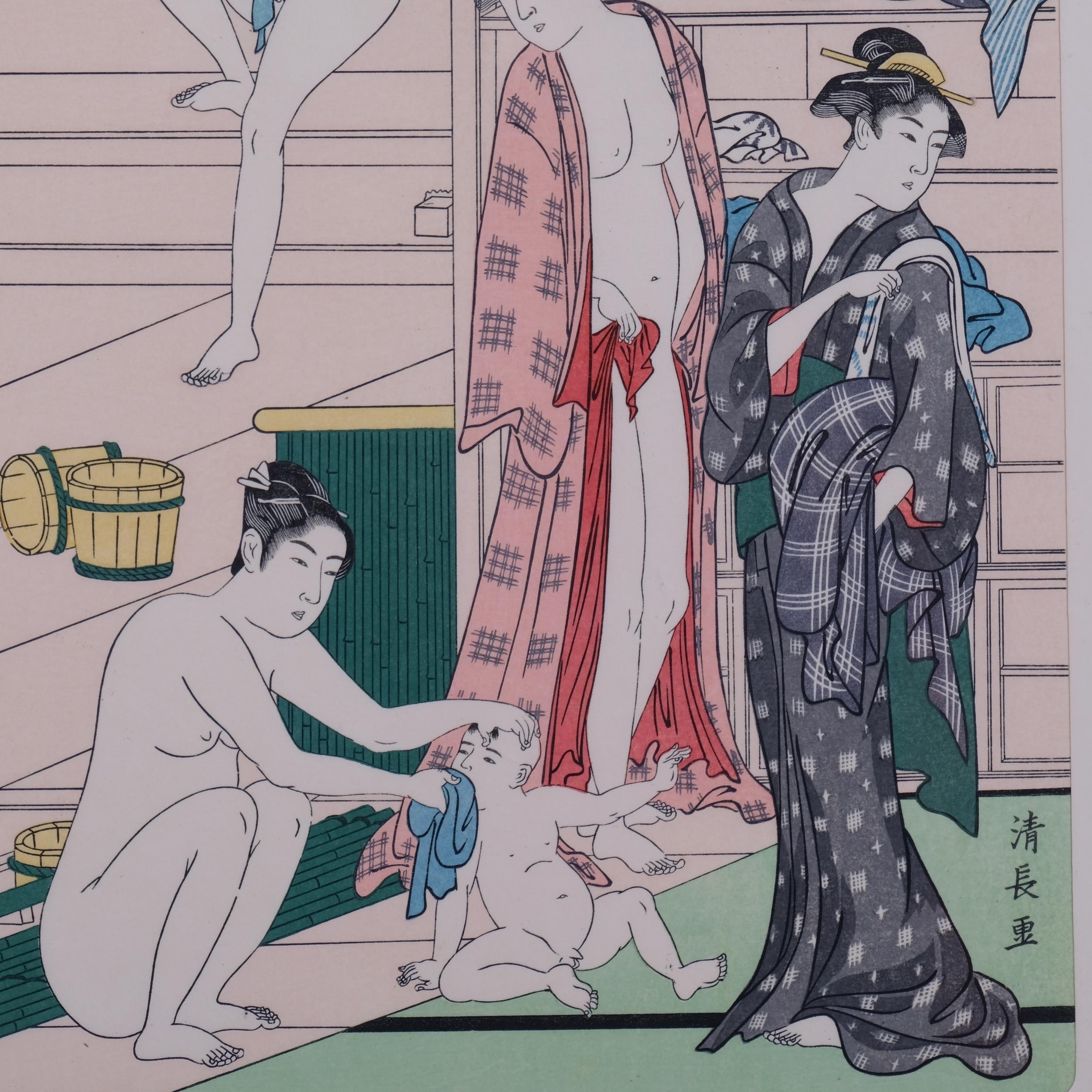 Artwork by Torii Kiyonaga, Interior of a Women’s Bath House Where a New Customer Has Just Arrived, Made of woodcut in colours on paper