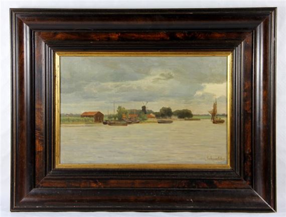 Holländische Flusspartie, an einer Anlegestelle einige, rechts auf dem Wasser ein Segelboot, mittig hinter Gebäuden eine Windmühle by Gustav Schönleber